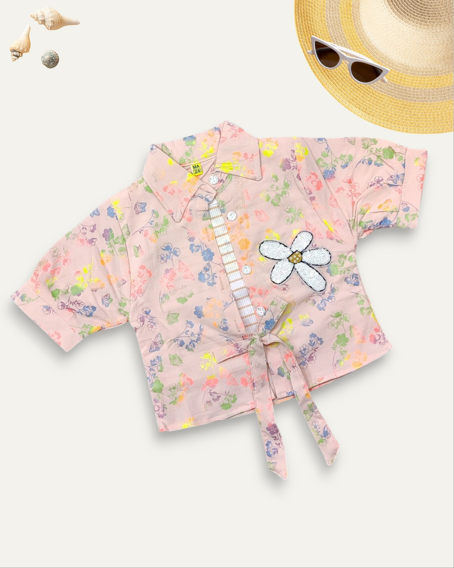 GIRLS FLORAL TIE-UP SHIRT (PEACH) (4-12 YEARS)
