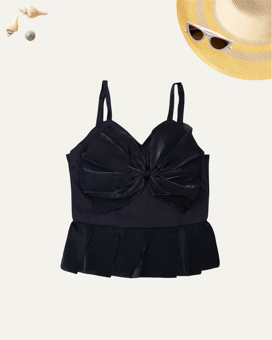 GIRLS BLACK SATIN BOW GLAM TOP (0-11 YEARS) - Girlism