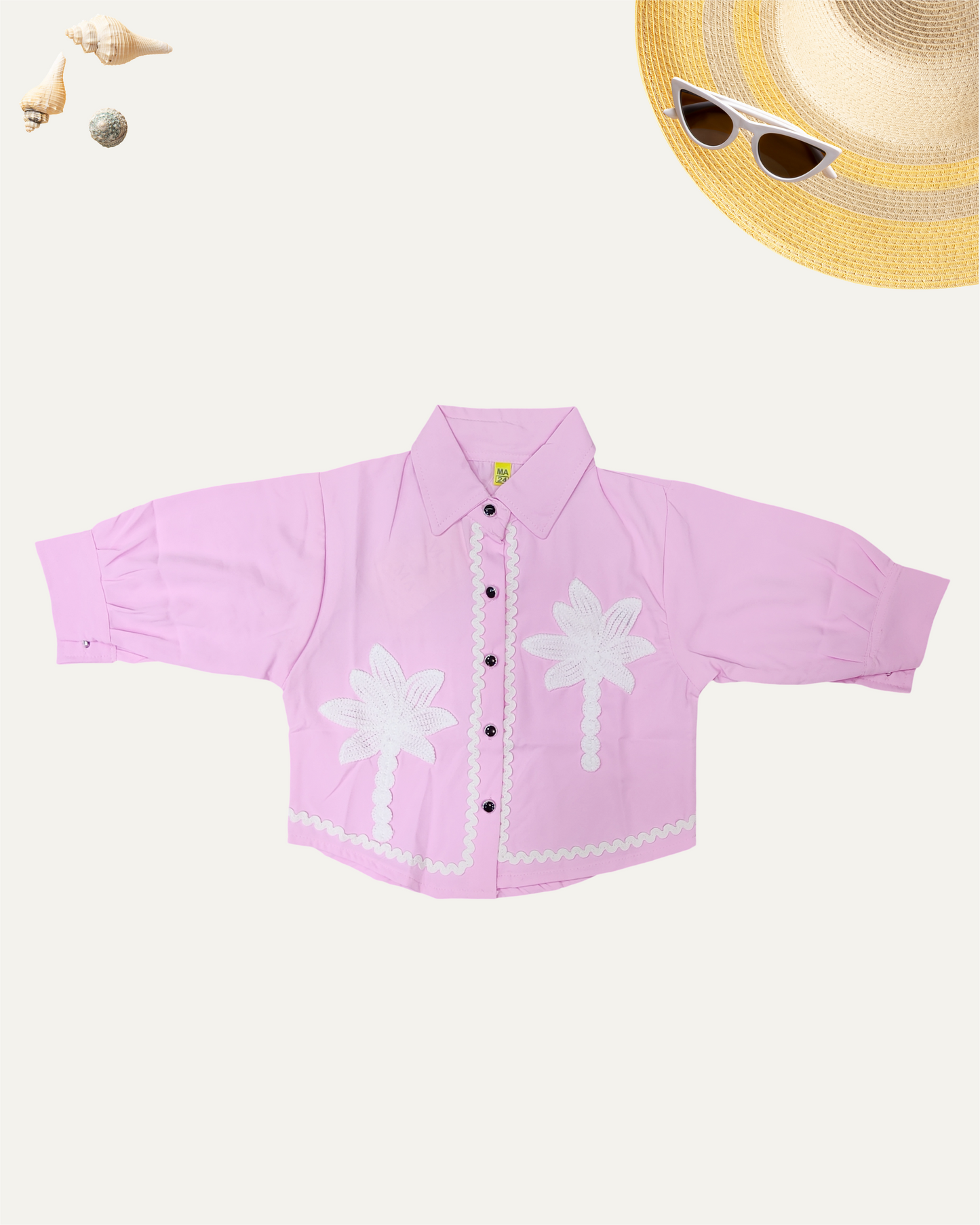 GIRLS PINK BUTTON-UP PALM EMBROIDERY TOP (4-12 YEARS) - Girlism