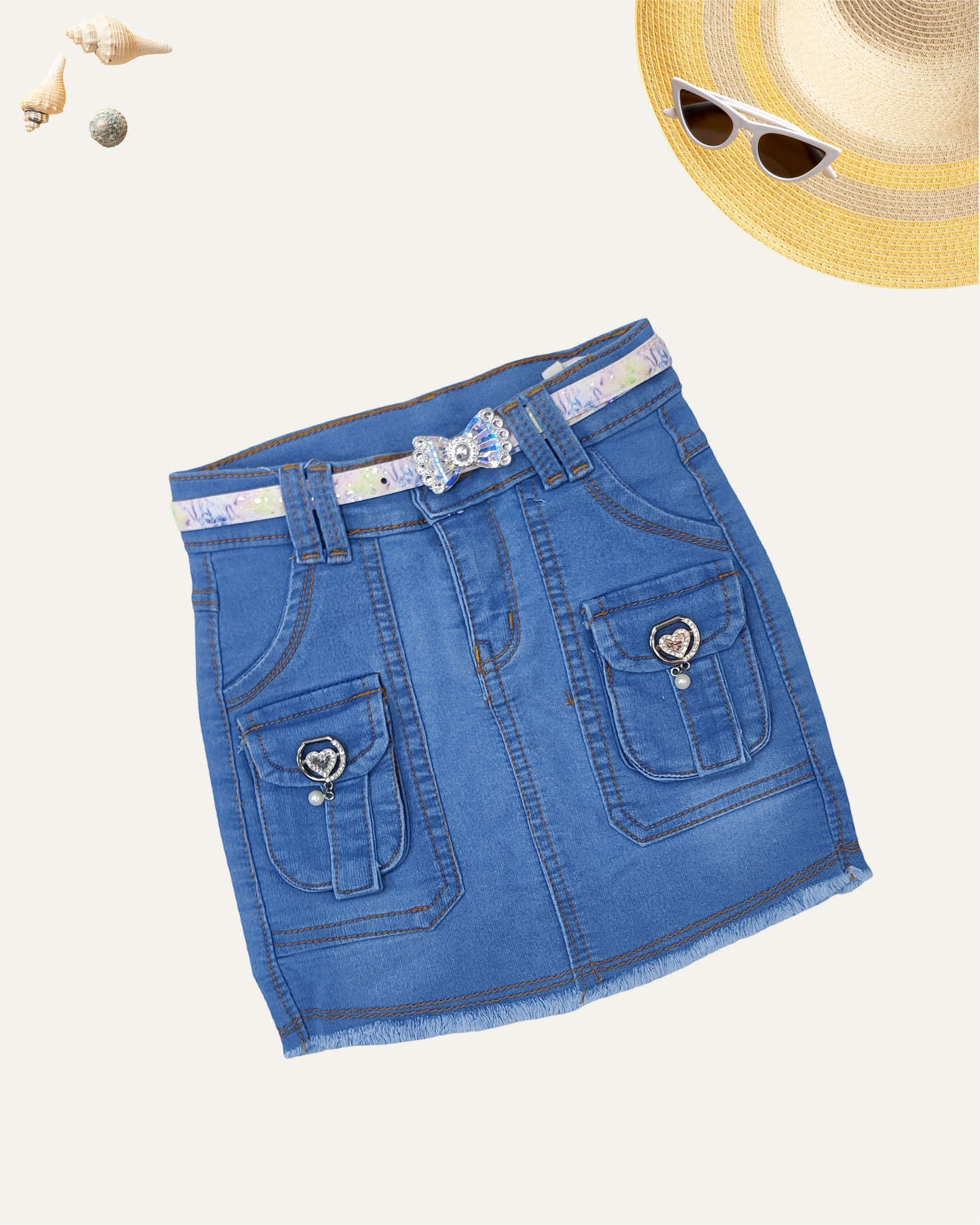 GIRL BLUE DENIM SKIRT WITH HEART POCKET CHARMS (4-12 YEARS) - Girlism