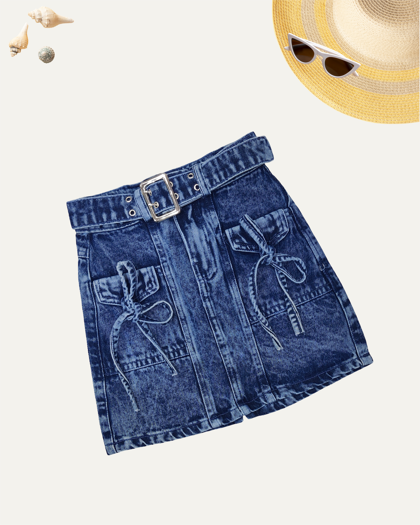 GIRLS BOW POCKETS BLUE WASHED DENIM SKIRT (1-12 YEARS) - Girlism