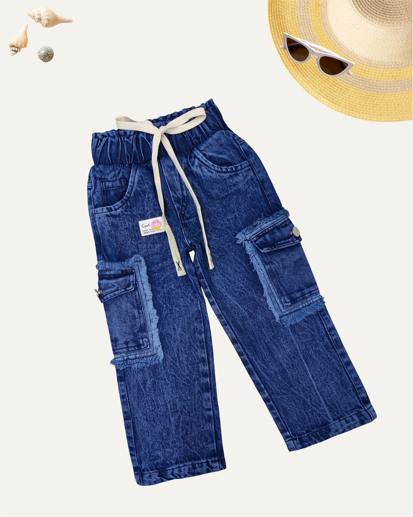 GIRLS DENIM CARGO JEANS (4-12 YEARS) (BLUE WASH) - Girlism