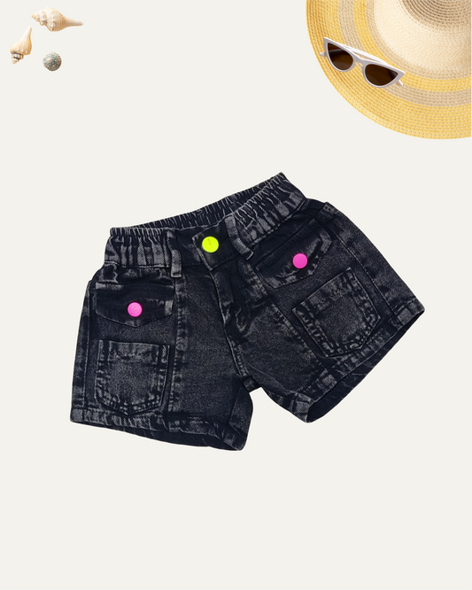 GIRLS BLACK DENIM SHORTS WITH COLOURED BUTTONS (4-12 YEARS) - Girlism