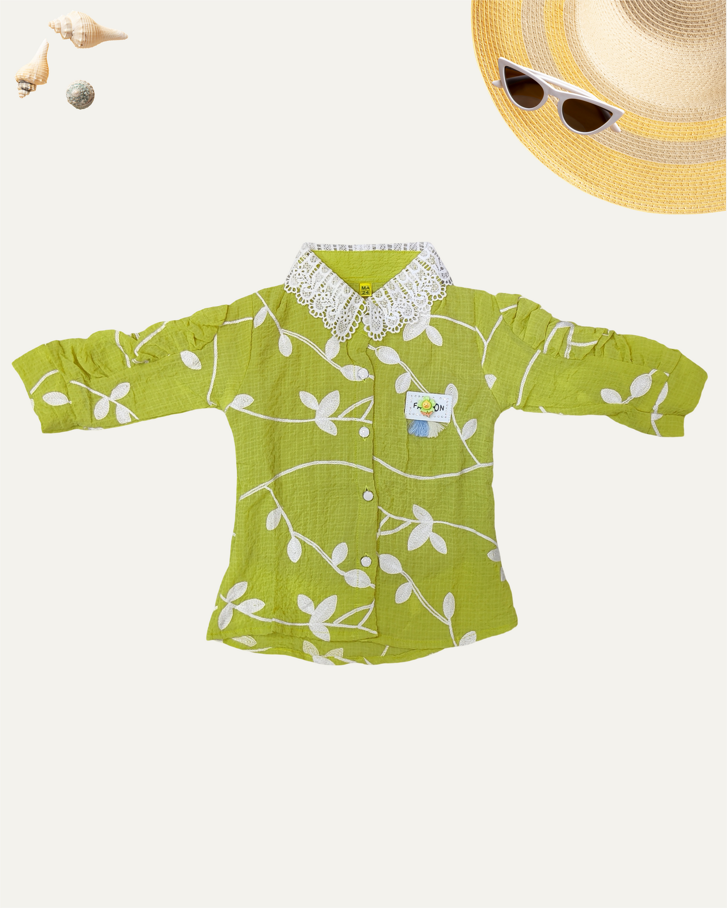 GIRLS FLORAL SHIRT WITH LACE COLLAR (LIME GREEN ) (4-14 YEARS) - Girlism