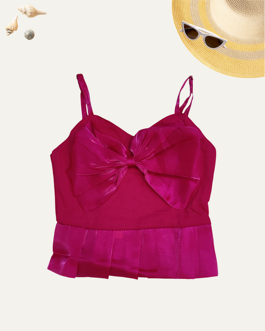 GIRLS DARK PINK SATIN BOW GLAM TOP (0-11 YEARS) - Girlism