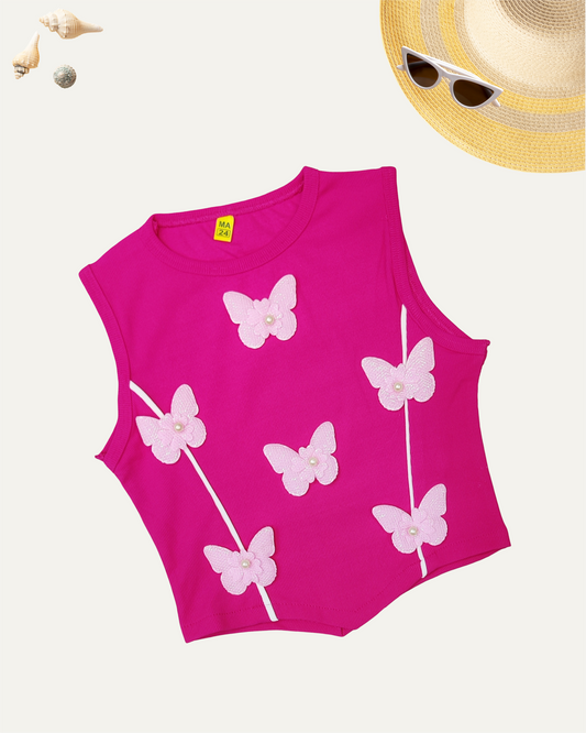 GIRLS HOT PINK BUTTERFLY TOP (4-12 YEARS) - Girlism