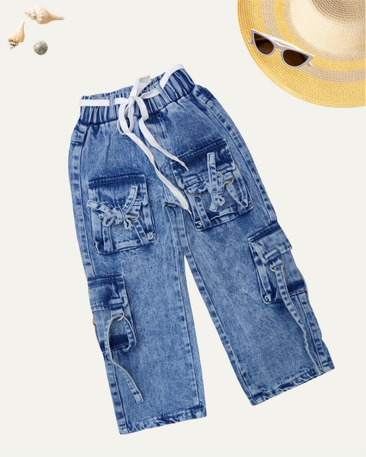 GIRLS BLUE ACID-WASH DENIM CARGO (4-12 YEARS)