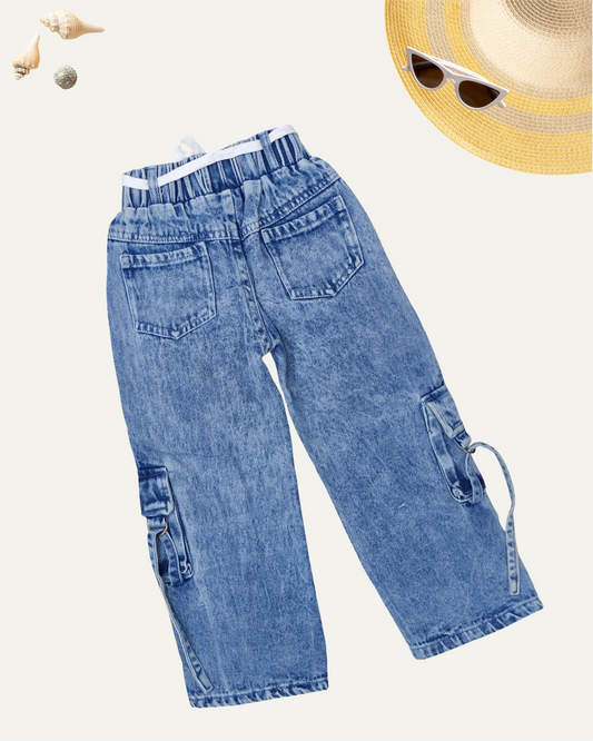 GIRLS BLUE ACID-WASH DENIM CARGO (4-12 YEARS)
