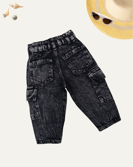 GIRLS EDGY BLACK WASH CARGO JEANS (0-5 YEARS)