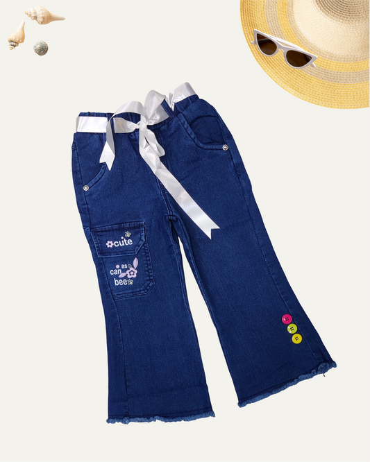 GIRLS FLARED PANTS WITH RIBBON TIE (1-12 YEARS) (DARK BLUE)