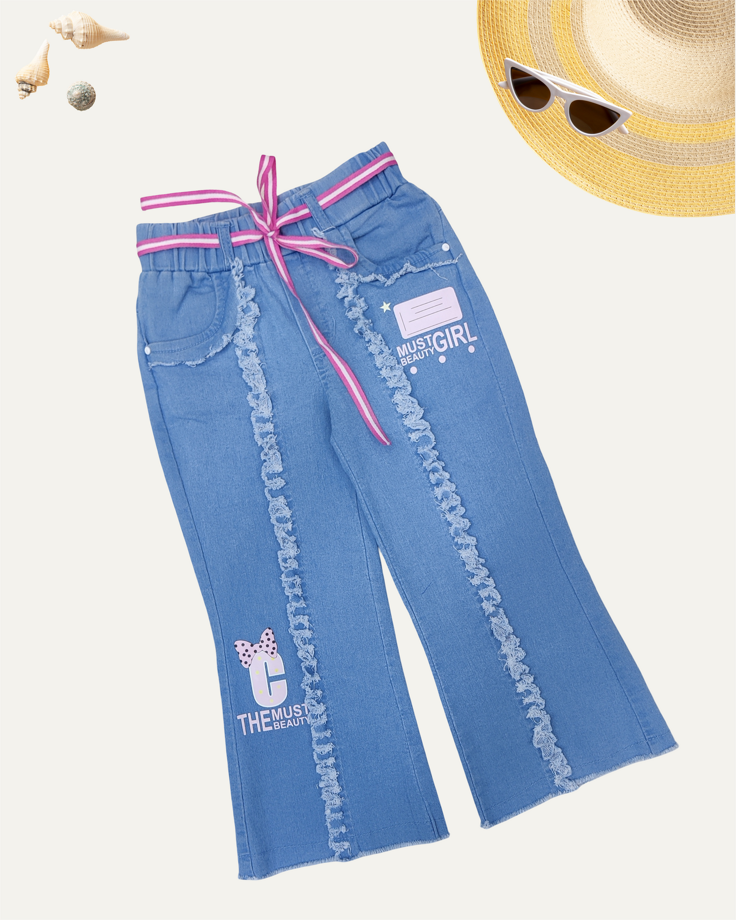 GIRLS LIGHT BLUE FRILL DENIM PANTS (1-12 YEARS)