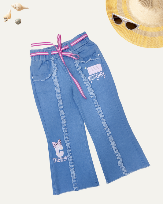 GIRLS LIGHT BLUE FRILL DENIM PANTS (1-12 YEARS)