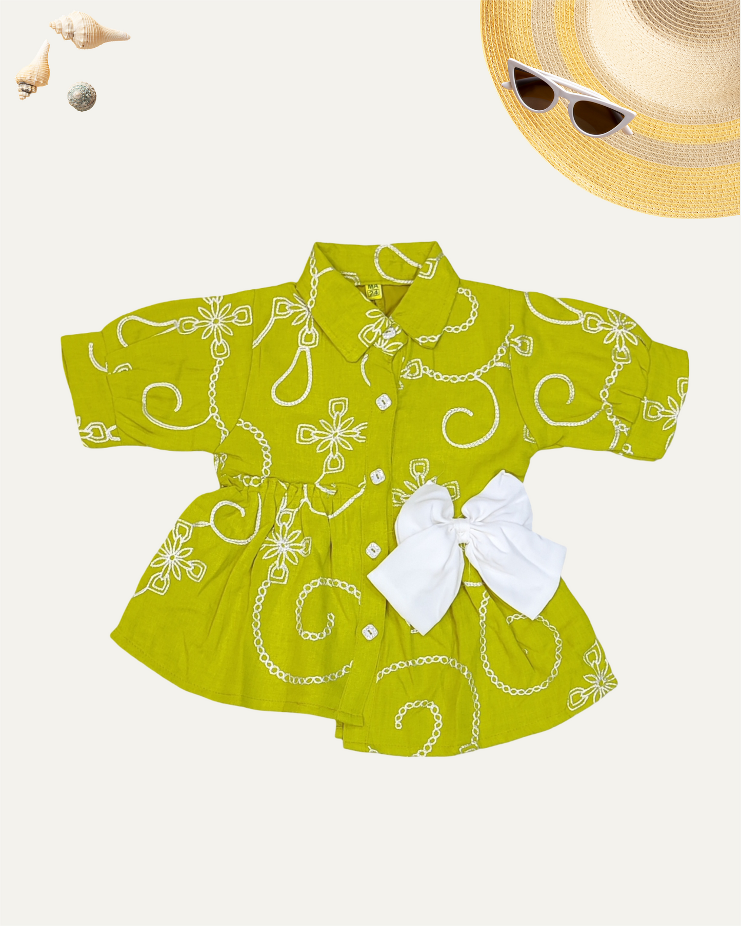 GIRLS PRINTED FRONT BUTTON BOW TOP (LIME GREEN) (4-12 YEARS)
