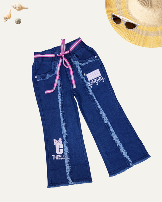GIRLS DARK BLUE FRILL DENIM PANTS (1-12 YEARS)