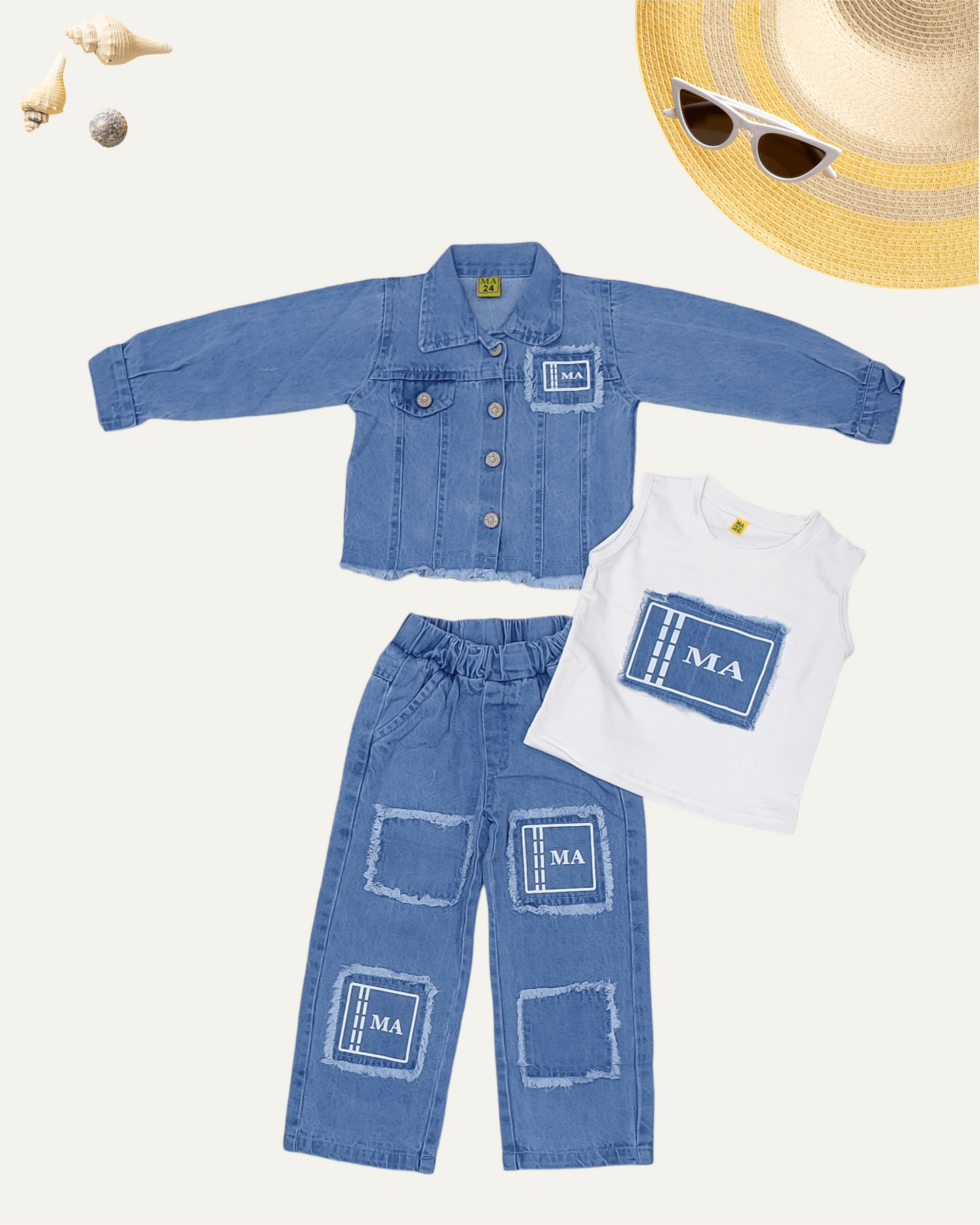 GIRLS 3PC JACKET DENIM CO-ORD SET (STONE WASH) (1-12 YEARS) - Girlism