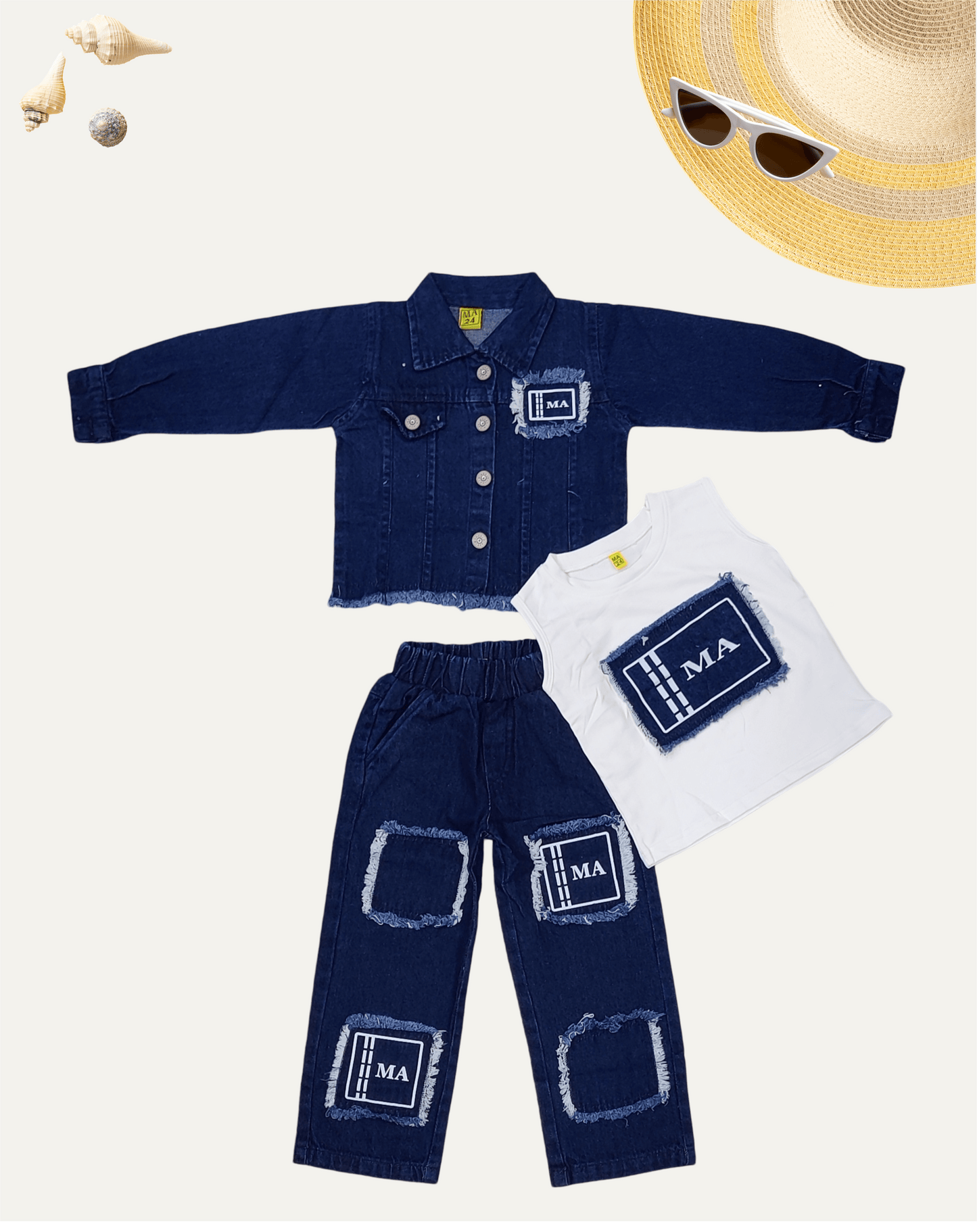 GIRLS 3PC JACKET DENIM CO-ORD SET (NAVY WASH) (1-12 YEARS) - Girlism