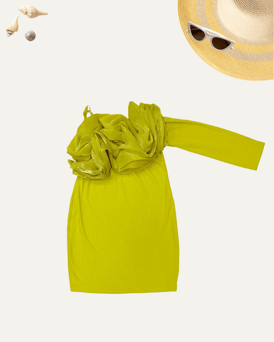 GIRLS ONE-SHOULDER RUFFLE DRESS (LIME GREEN) (3-12 YEARS) - Girlism