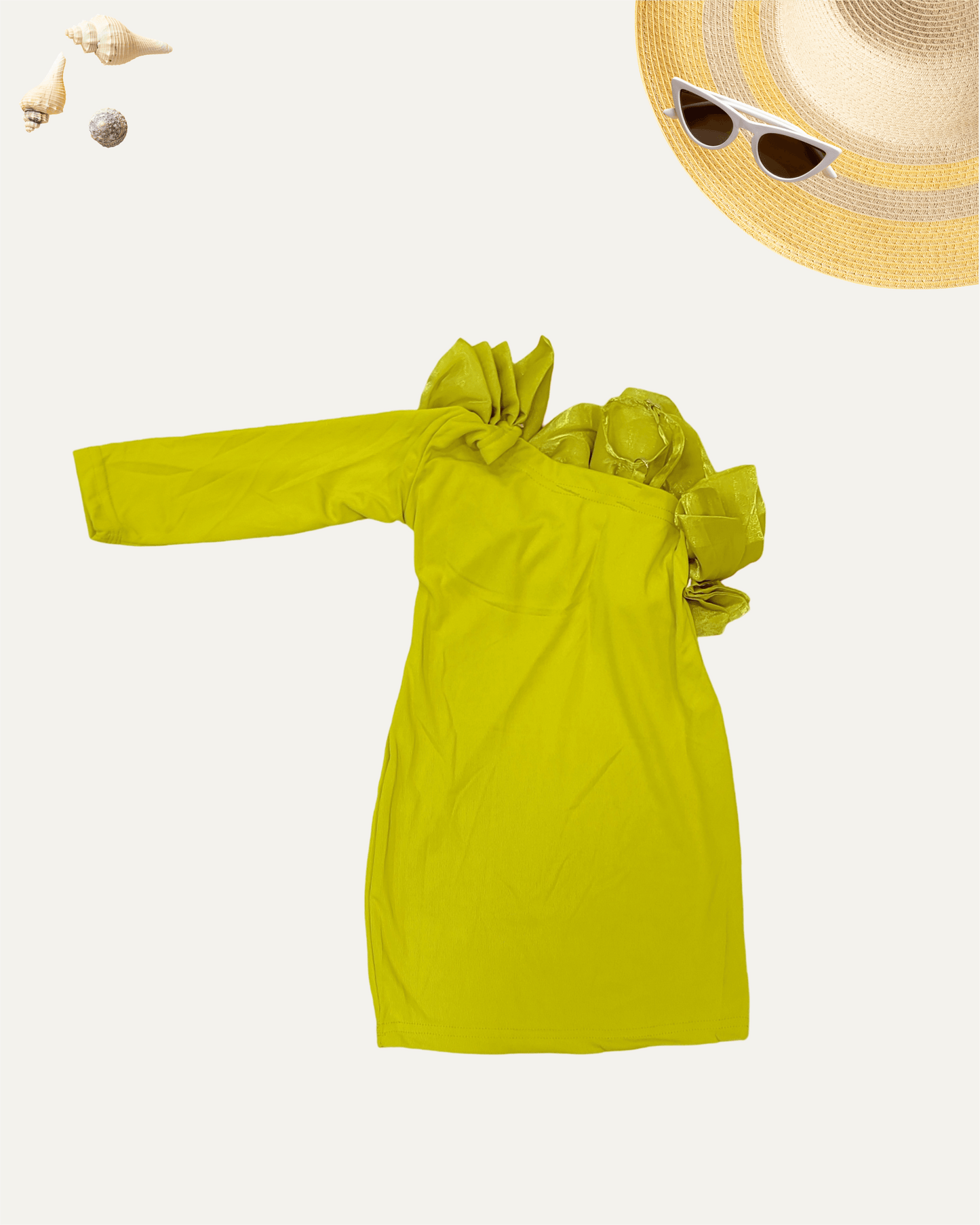 GIRLS ONE-SHOULDER RUFFLE DRESS (LIME GREEN) (3-12 YEARS) - Girlism