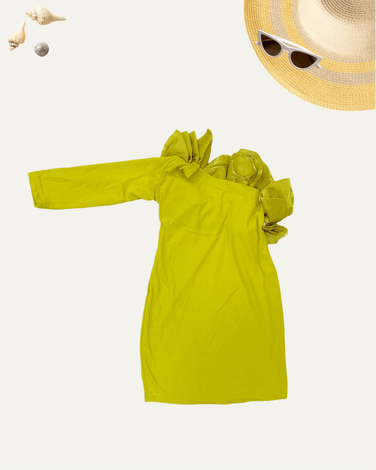 GIRLS ONE-SHOULDER RUFFLE DRESS (LIME GREEN) (3-12 YEARS) - Girlism