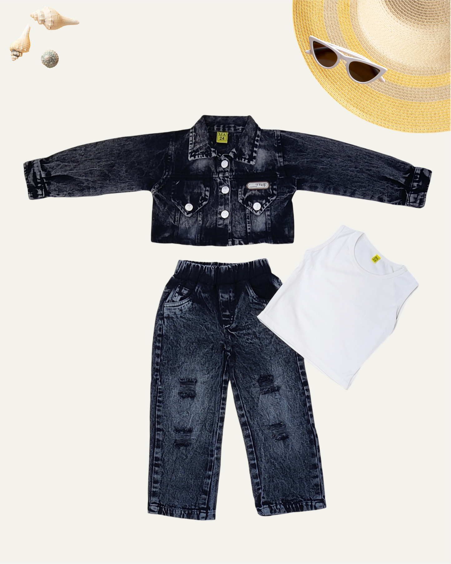 GIRLS 3PC DENIM CO-ORD SET (BLACK WASH) (1-12 YEARS) - Girlism