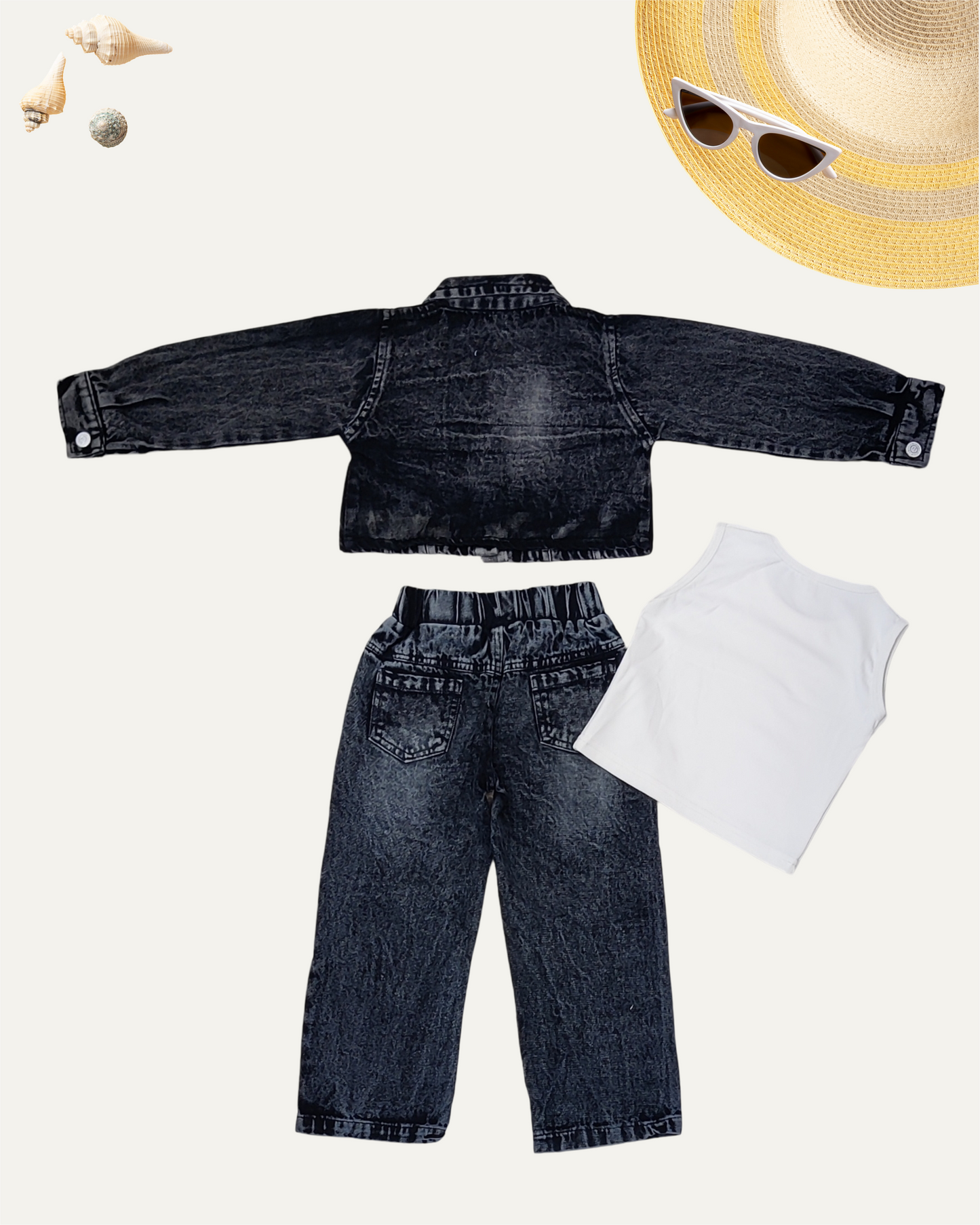 GIRLS 3PC DENIM CO-ORD SET (BLACK WASH) (1-12 YEARS) - Girlism