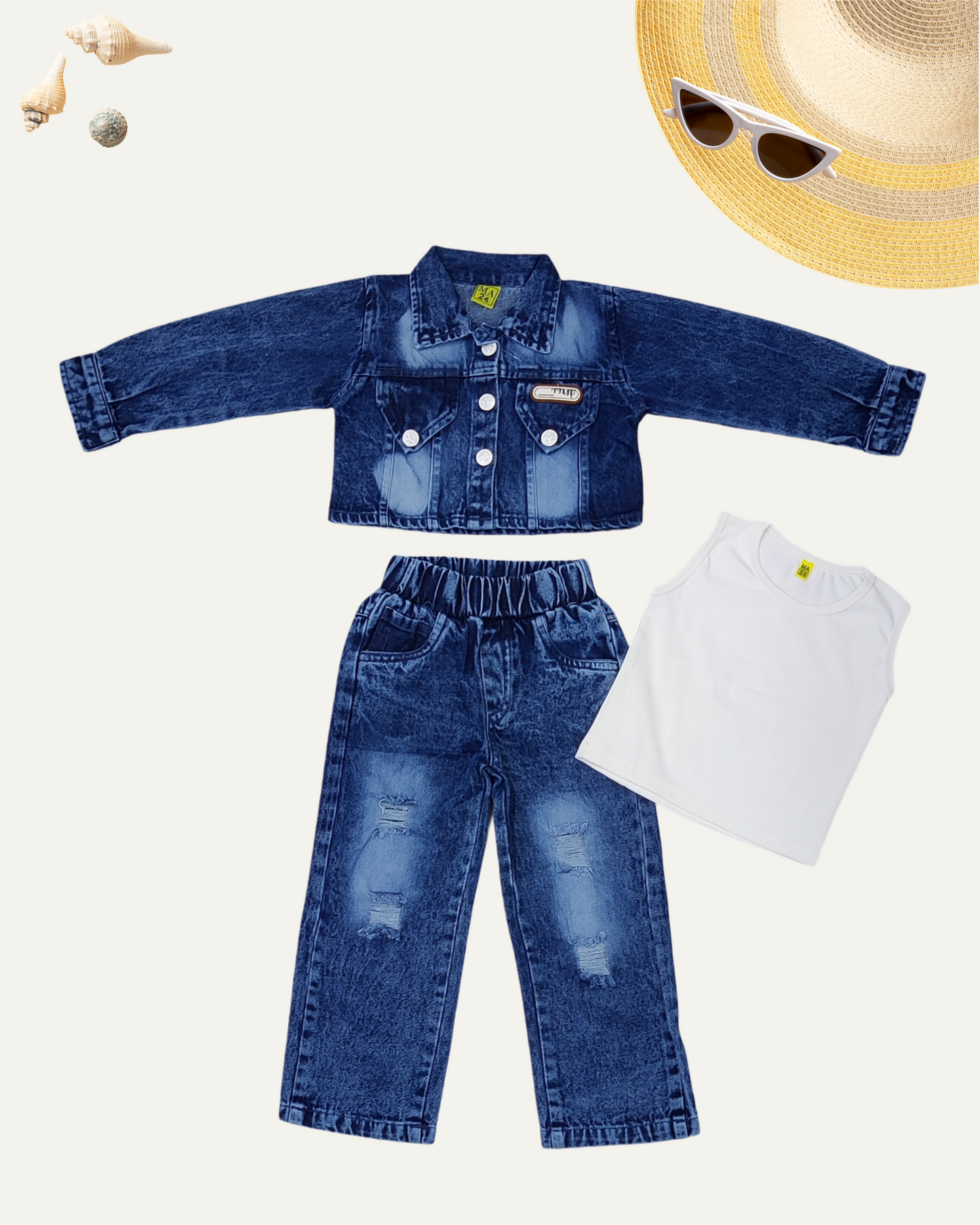 GIRLS 3PC DENIM CO-ORD SET (NAVY WASH) (1-12 YEARS) - Girlism
