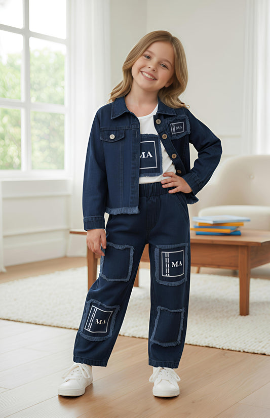 GIRLS 3PC JACKET DENIM CO-ORD SET (NAVY WASH) (1-12 YEARS)