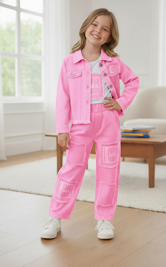 GIRLS 3PC JACKET DENIM CO-ORD SET (PINK) (1-12 YEARS)