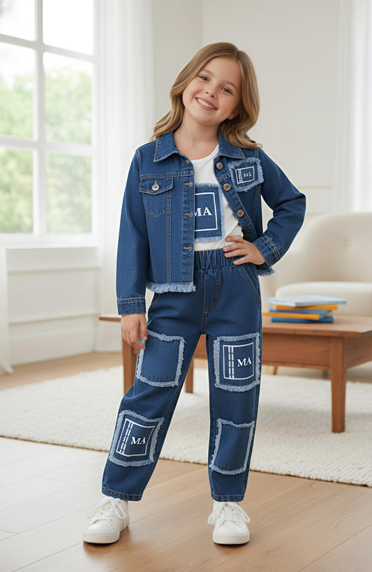 GIRLS 3PC JACKET DENIM CO-ORD SET (DX WASH) (1-12 YEARS)