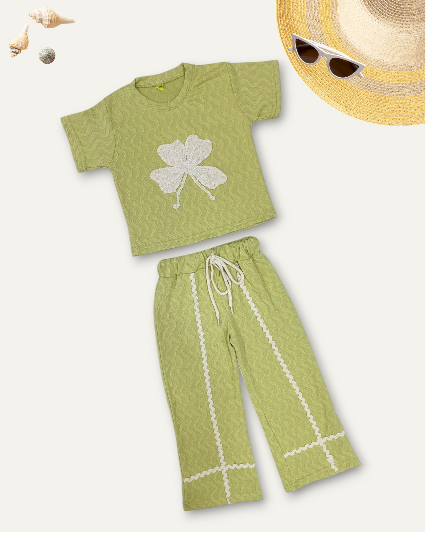 GIRLS BUTTERFLY STYLE TESTURED CO-ORD SET (GREEN) (4-12 YEARS)