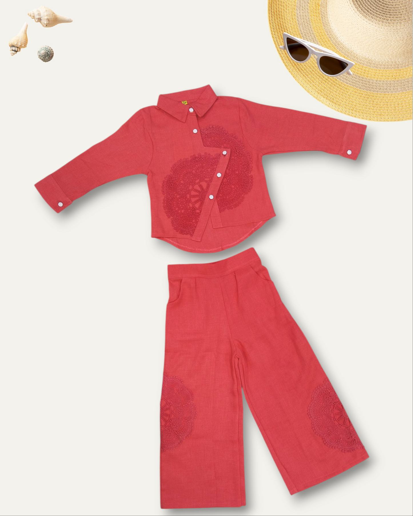 GIRLS ELEGANT ASSYMETRIC EMBROIDERED CO-ORD SET (TOMATO) (4-12 YEARS)