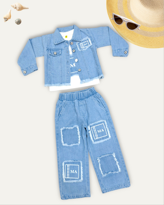 GIRLS 3PC JACKET DENIM CO-ORD SET (STONE WASH) (1-12 YEARS)
