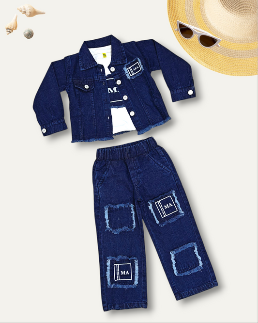 GIRLS 3PC JACKET DENIM CO-ORD SET (NAVY WASH) (1-12 YEARS)