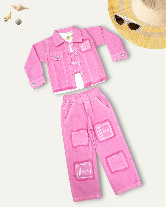 GIRLS 3PC JACKET DENIM CO-ORD SET (PINK) (1-12 YEARS)
