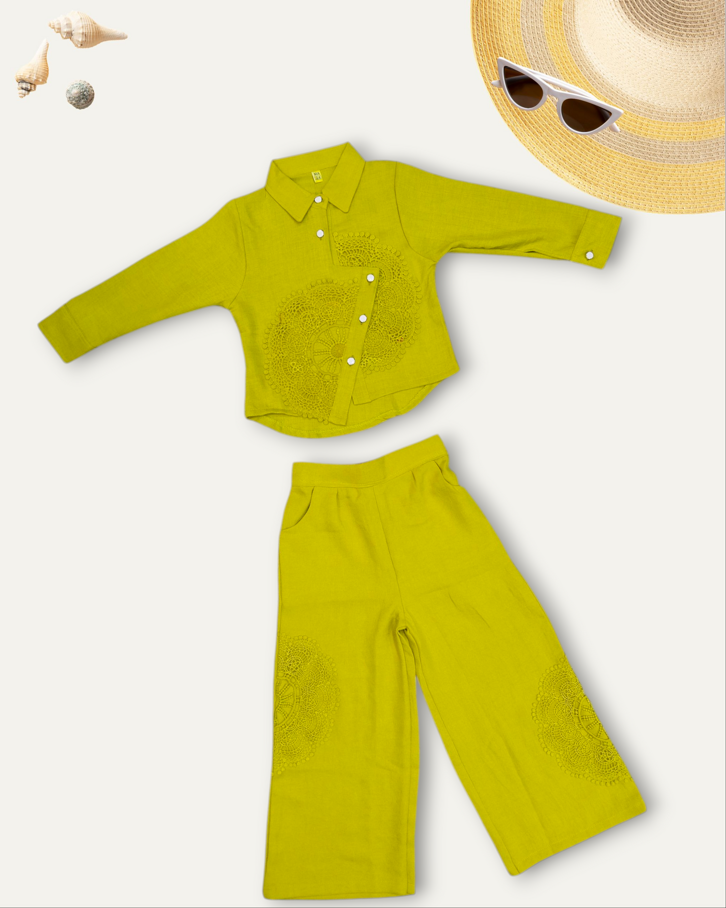 GIRLS ELEGANT ASSYMETRIC EMBROIDERED CO-ORD SET (LIME GREEN) (4-12 YEARS)