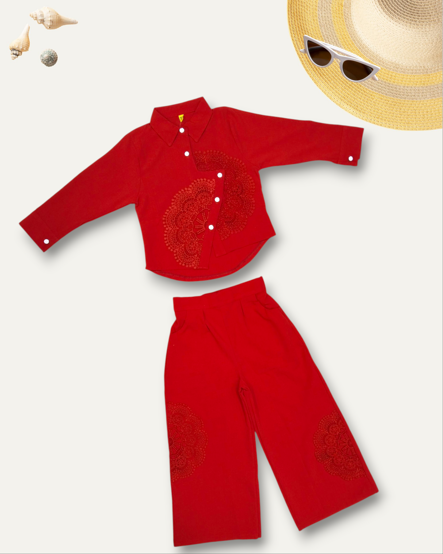 GIRLS ELEGANT ASSYMETRIC EMBROIDERED CO-ORD SET (RED) (4-12 YEARS)
