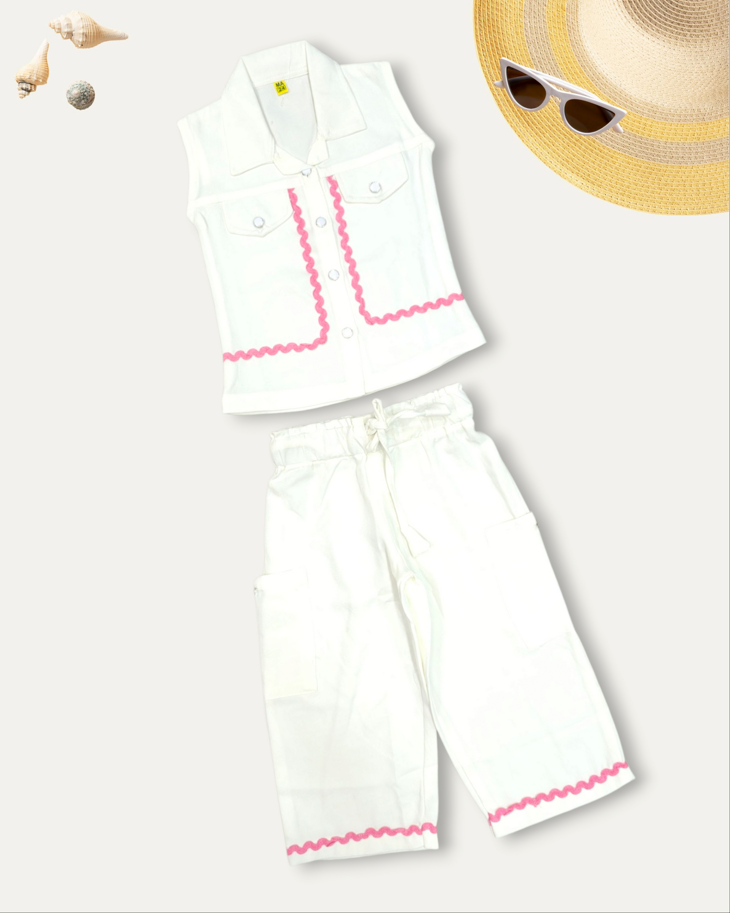 GIRLS SLEEVELESS SHIRT & CARGO PANTS CO-ORD SET (WHITE) (1-12 YEARS)