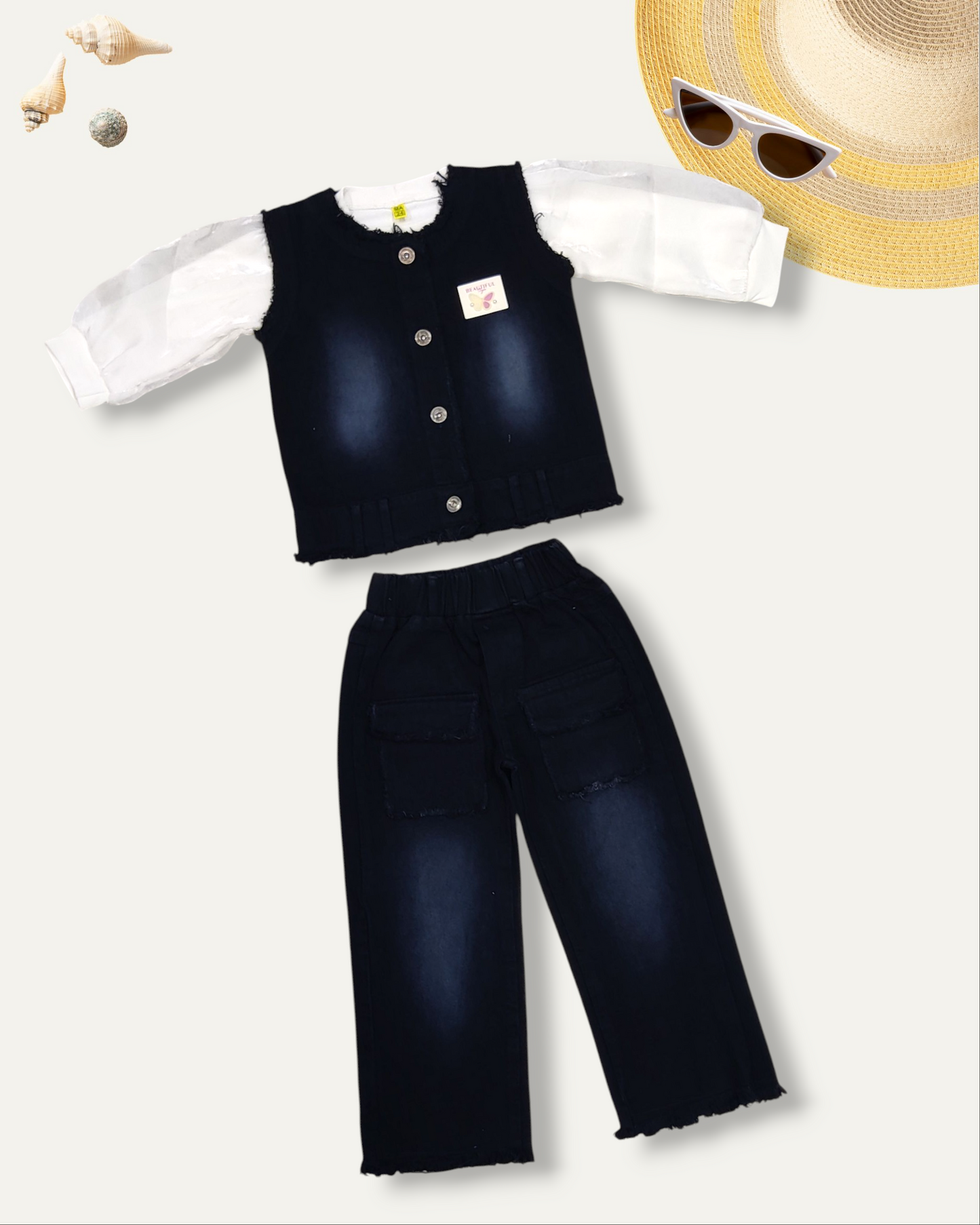 GIRLS DENIM CO-ORD SET WITH PUFF SLEEVES (BLACK WASH) (4-12 YEARS)