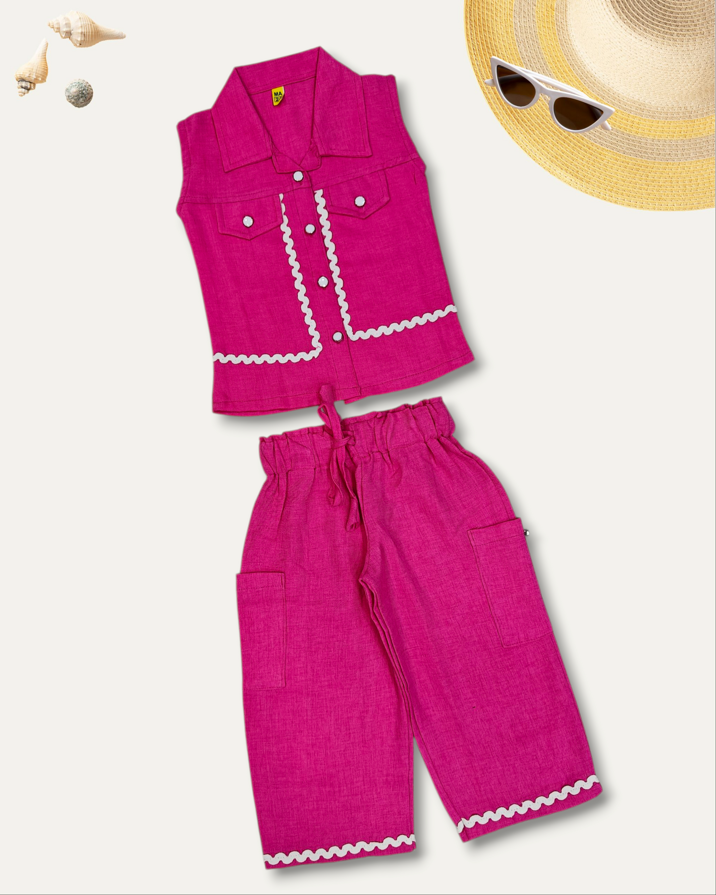 GIRLS SLEEVELESS SHIRT & CARGO PANTS CO-ORD SET (HOT PINK) (1-12 YEARS)