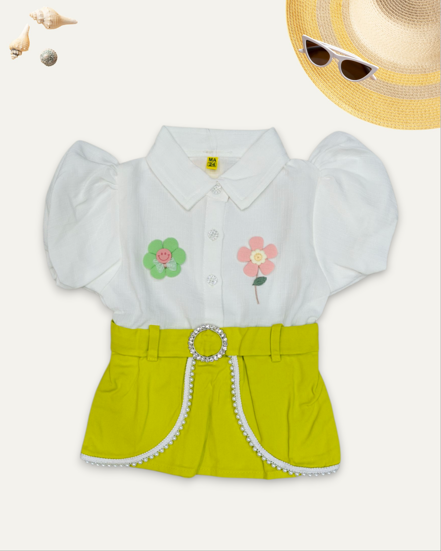 GIRLS PUFF SLEEVE EMBROIDERED BELT CONTRAST TOP (LIME GREEN) (4-12 YEARS)