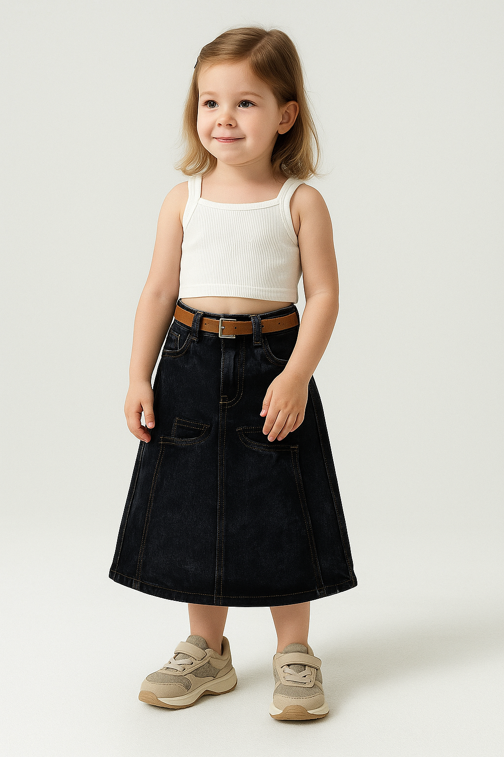 GIRLS DENIM SKIRT FLARE FIT WITH LEATHER BELT (BLACK WASH) (4-12 YEARS)