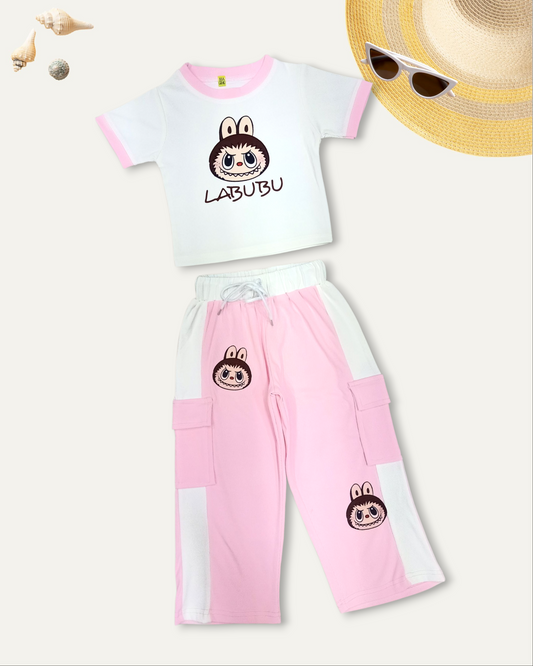 GIRLS 'LABUBU' PRINT CASUAL CO-ORD SET (BABY PINK) (4-12 YEARS)