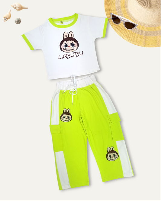 GIRLS 'LABUBU' PRINT CASUAL CO-ORD SET (NEON GREEN) (4-12 YEARS)