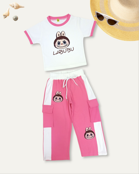GIRLS 'LABUBU' PRINT CASUAL CO-ORD SET (PINK) (4-12 YEARS)