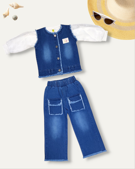 GIRLS DENIM CO-ORD SET WITH PUFF SLEEVES (4-12 YEARS)
