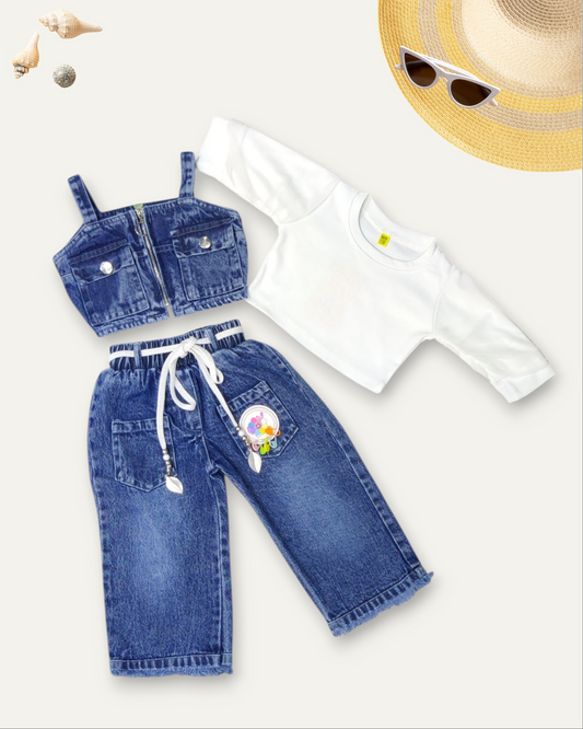 GIRLS 3 PIECE CROP TOP DENIM CO-ORD SET (BLUE WASH) (1-8 YEARS)
