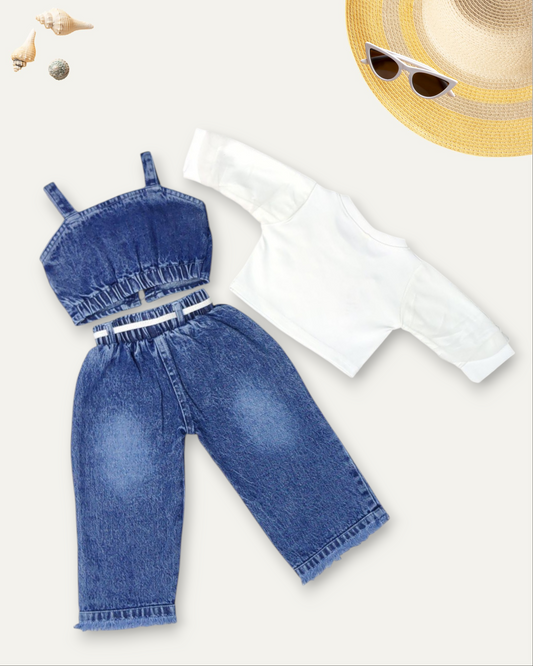 GIRLS 3 PIECE CROP TOP DENIM CO-ORD SET (BLUE WASH) (1-8 YEARS)