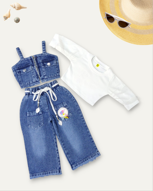 GIRLS 3 PIECE CROP TOP DENIM CO-ORD SET (1-8 YEARS) (LIGHT BLUE WASH)