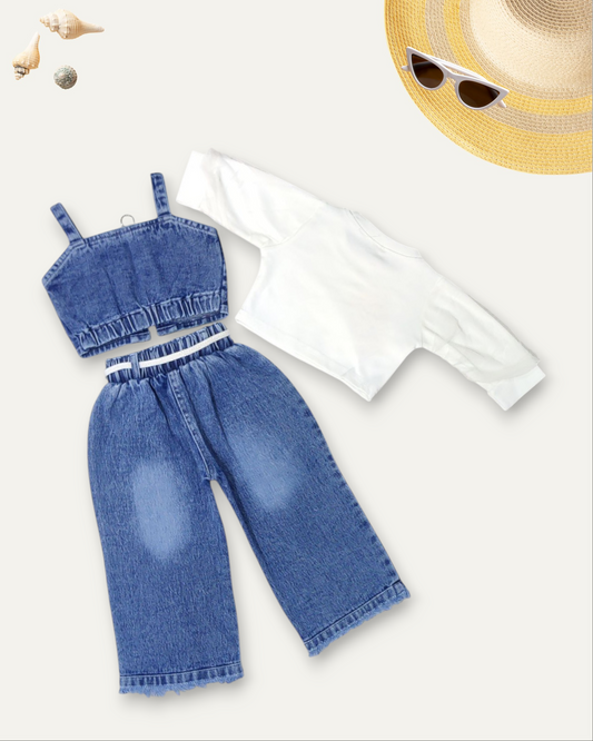 GIRLS 3 PIECE CROP TOP DENIM CO-ORD SET (1-8 YEARS) (LIGHT BLUE WASH)