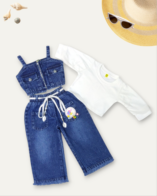 GIRLS 3 PIECE CROP TOP DENIM CO-ORD SET (NAVY WASH) (1-8 YEARS)